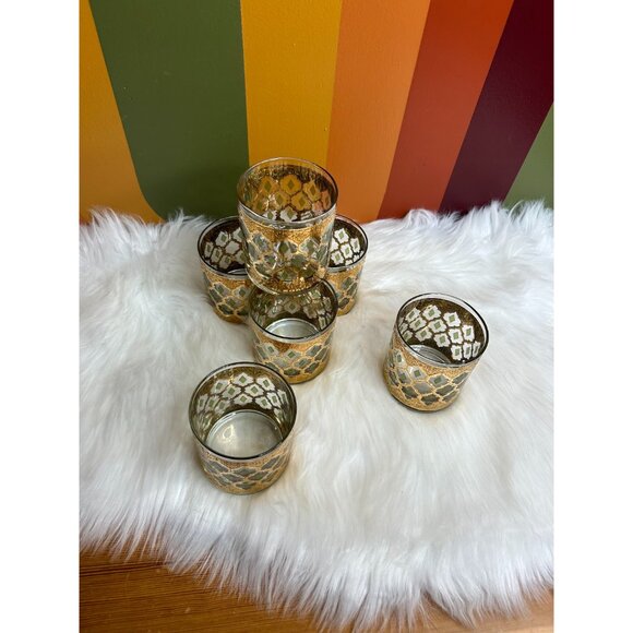 Valencia green gold filigree design by Culver whisky glasses - Picture 2 of 10